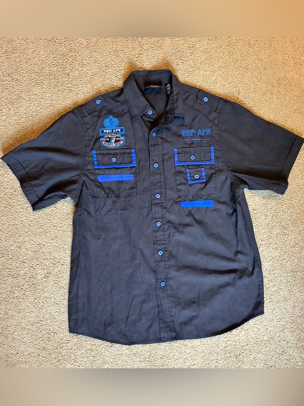 Red Ape Short Sleeve Button Up Mechanic Shirt Black Pockets Youth Size Lg 14/16